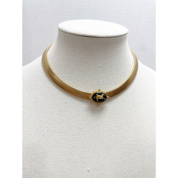 Vintage Gold-Tone Pegasus Choker Necklace Black Enamel Medallion - Picture 5 of 7